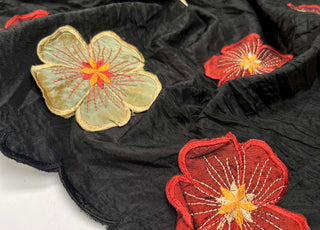 Embroidered_Taffeta_Samira_Polyester_Black_Floral_Red_Cream_Border_Dress_Fabric_Close_up
