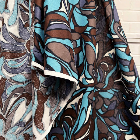 Italian Linen Cotton Turquoise Brown Abstract Fabric Fiori di Como Hang