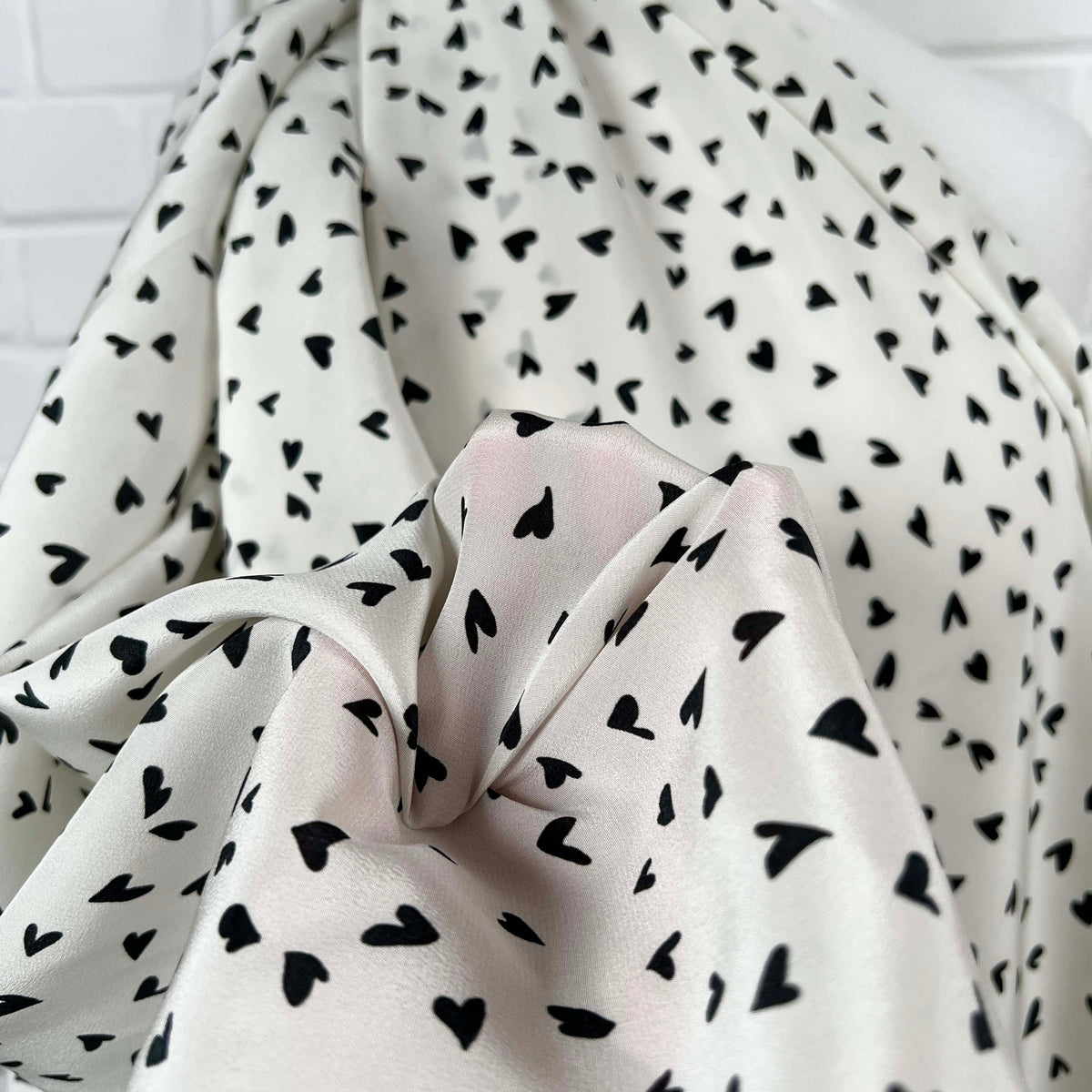 Italian Pink Black White Print Dress Fabric Fly Away Silk Hearts CU