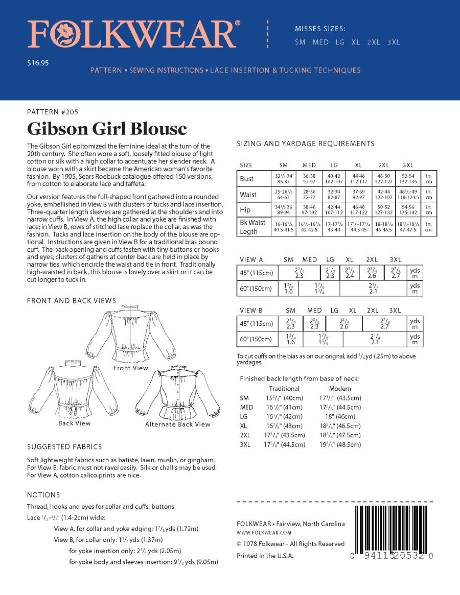 Folkwear - Gibson Girl Blouse Pattern (S/M - 3XL)