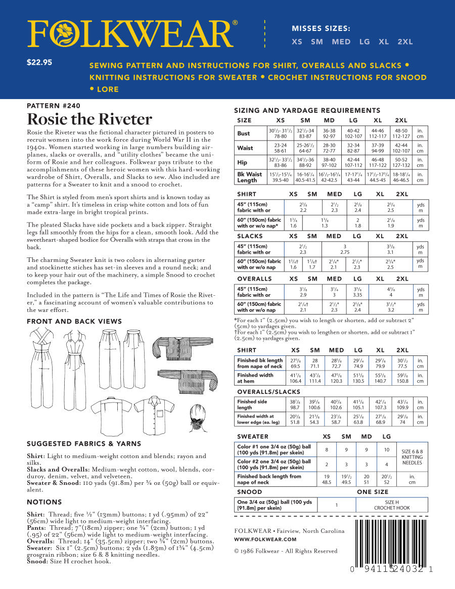 Folkwear - Rosie The Riveter Shirt Overall and Slacks Pattern (XS-2XL)
