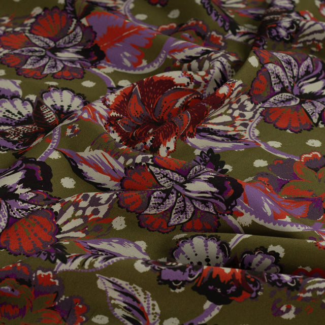 Bad Romance Green Red Floral Print Viscose Dress Fabric fabric, close-up