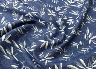 Heavenly Olive Leaf Cotton Denim Chambray Blue White Leaf Print Lightweight Woven Dress Fabric CU