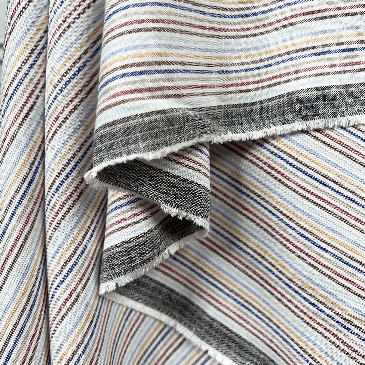 Helter Skelter Harbour Blue Viscose Linen Stripe Woven Dress Fabric Hang