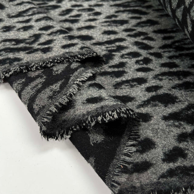 Hidden Agenda Wool Polyester Mix Black Grey Animal Leopard Print Brushed Coating Fabric Fold