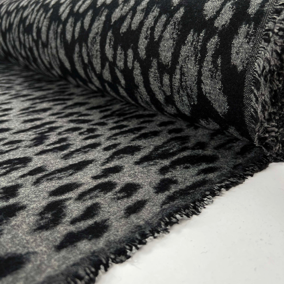 Hidden Agenda Wool Polyester Mix Black Grey Animal Leopard Print Brushed Coating Fabric Roll