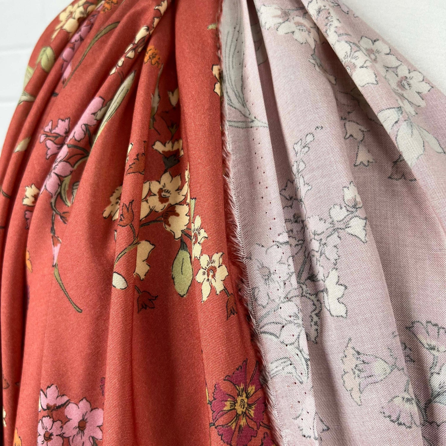 Dusky Pink Floral Print Dress Fabric Italian Challis Diascia Hang
