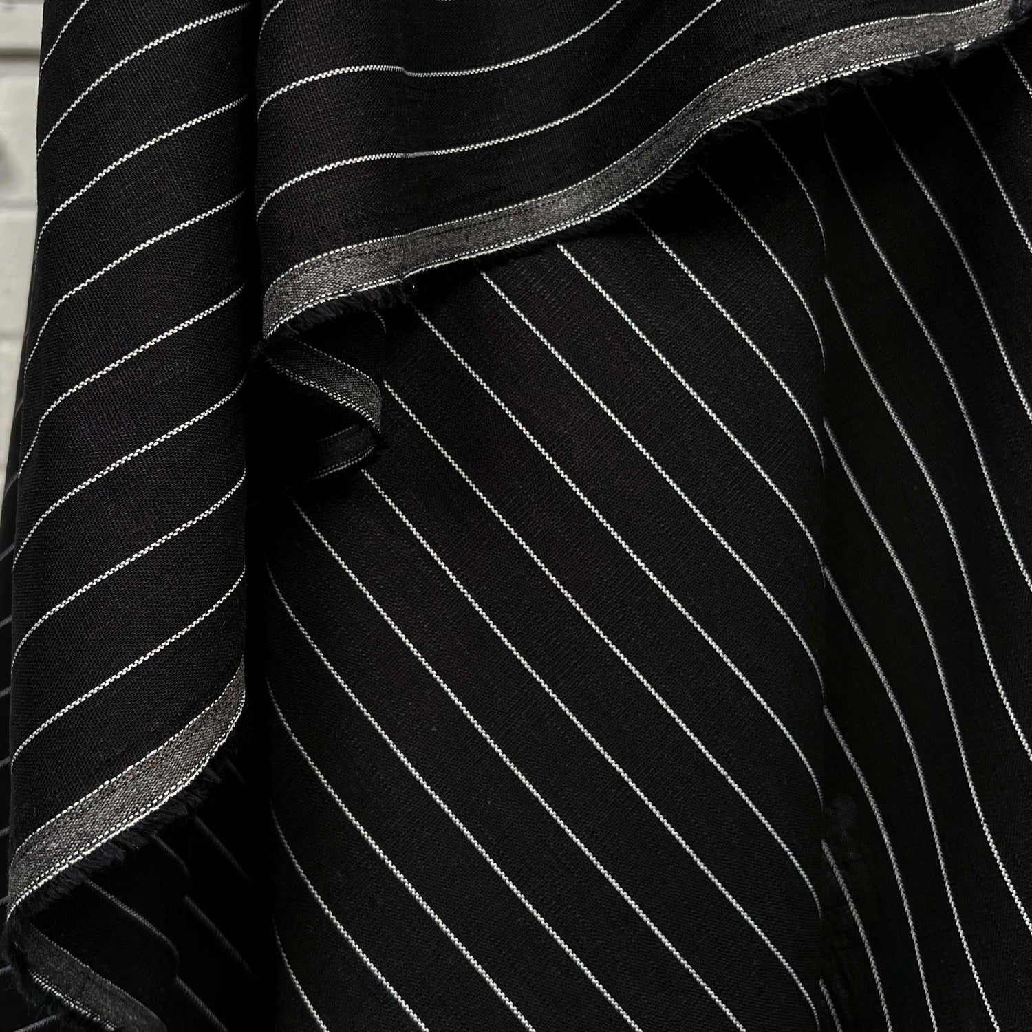 Italian Linen Mix Black Stripe Cotton Blend Dress Fabric hang