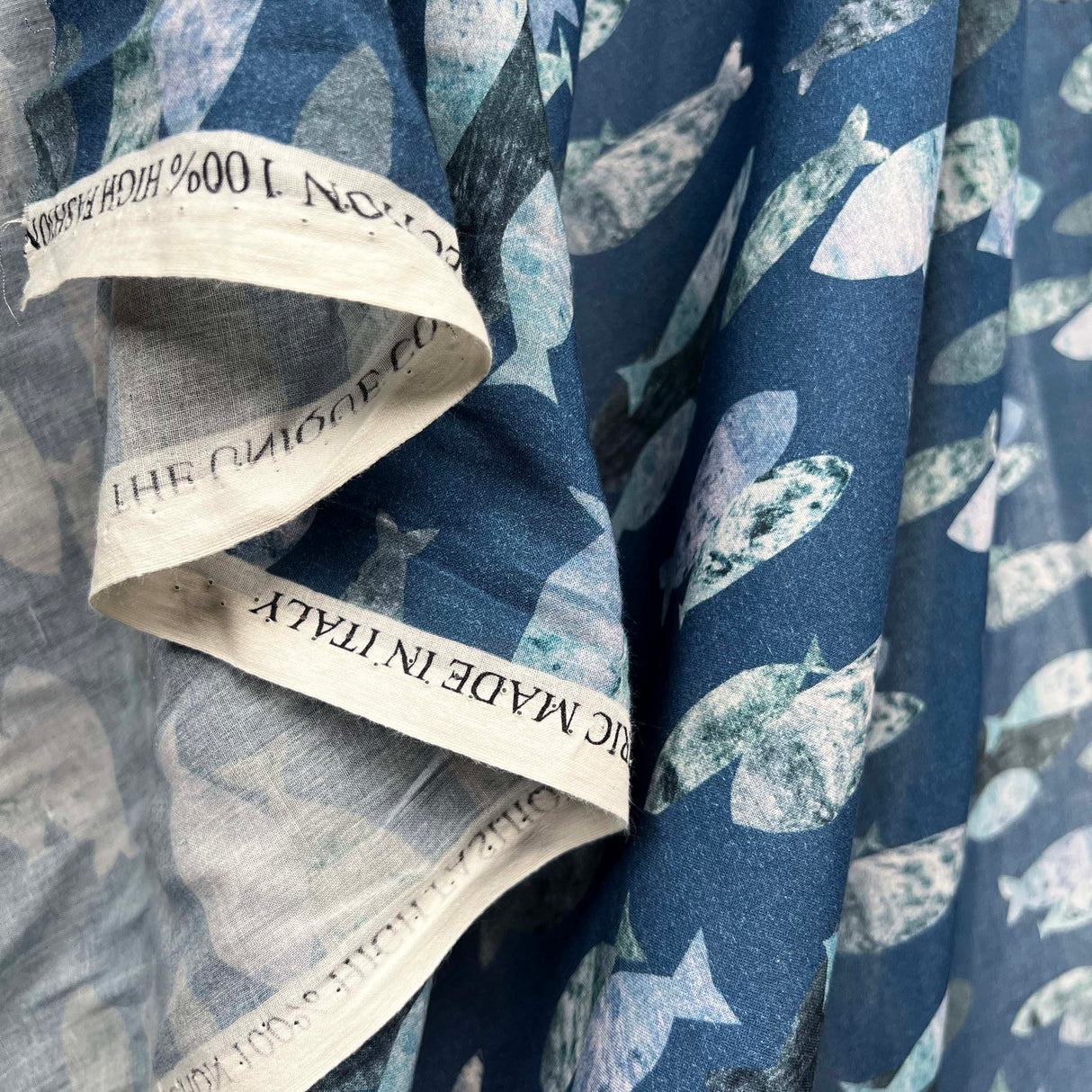 Ex-Designer Fish Print Cotton Dress Fabric Italian Voile Pisces Blue Hang