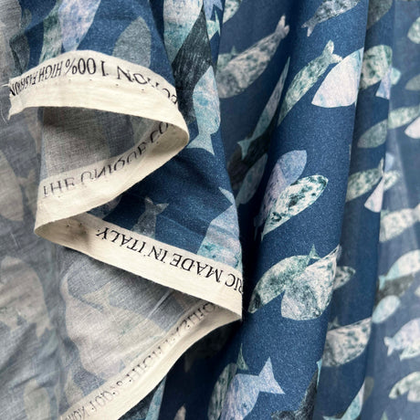 Ex-Designer Fish Print Cotton Dress Fabric Italian Voile Pisces Blue Hang