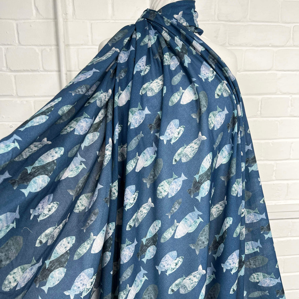 Ex-Designer Fish Print Cotton Dress Fabric Italian Voile Pisces Blue Mannequin