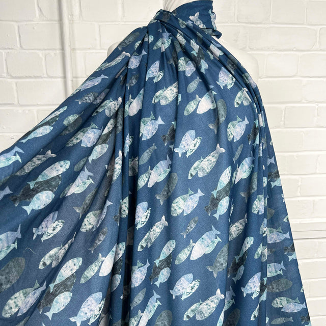 Ex-Designer Fish Print Cotton Dress Fabric Italian Voile Pisces Blue Mannequin
