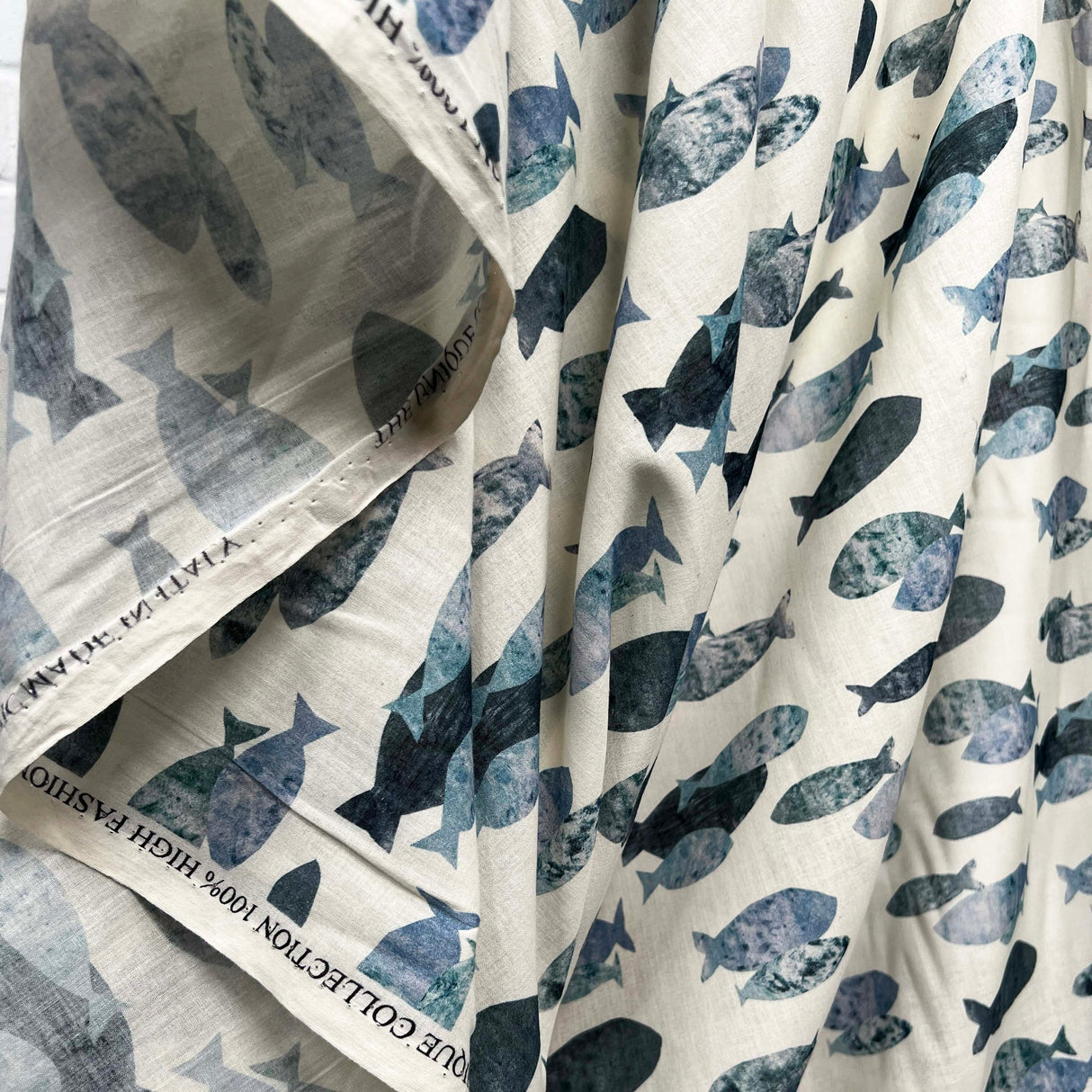 Ex-Designer Fish Print Cotton Dress Fabric Italian Voile Pisces Ivory Hang
