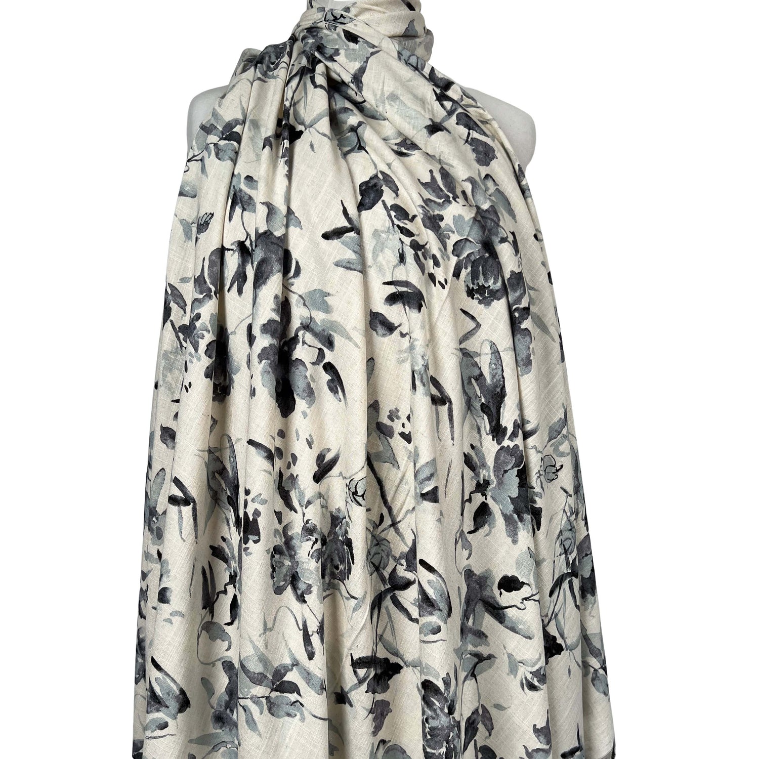 Cream Charcoal Floral Digital Print Dress Fabric Lilly's Garden Mannequin