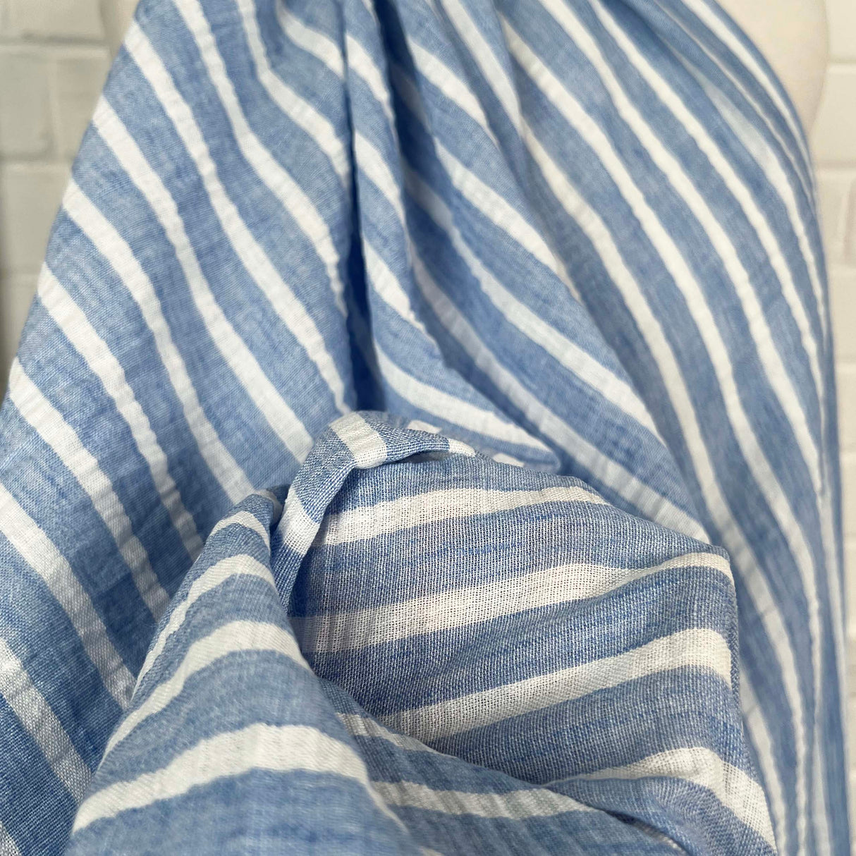 Linen Look Stripe Blue White Polyester Woven Shirting Fabric Close UP