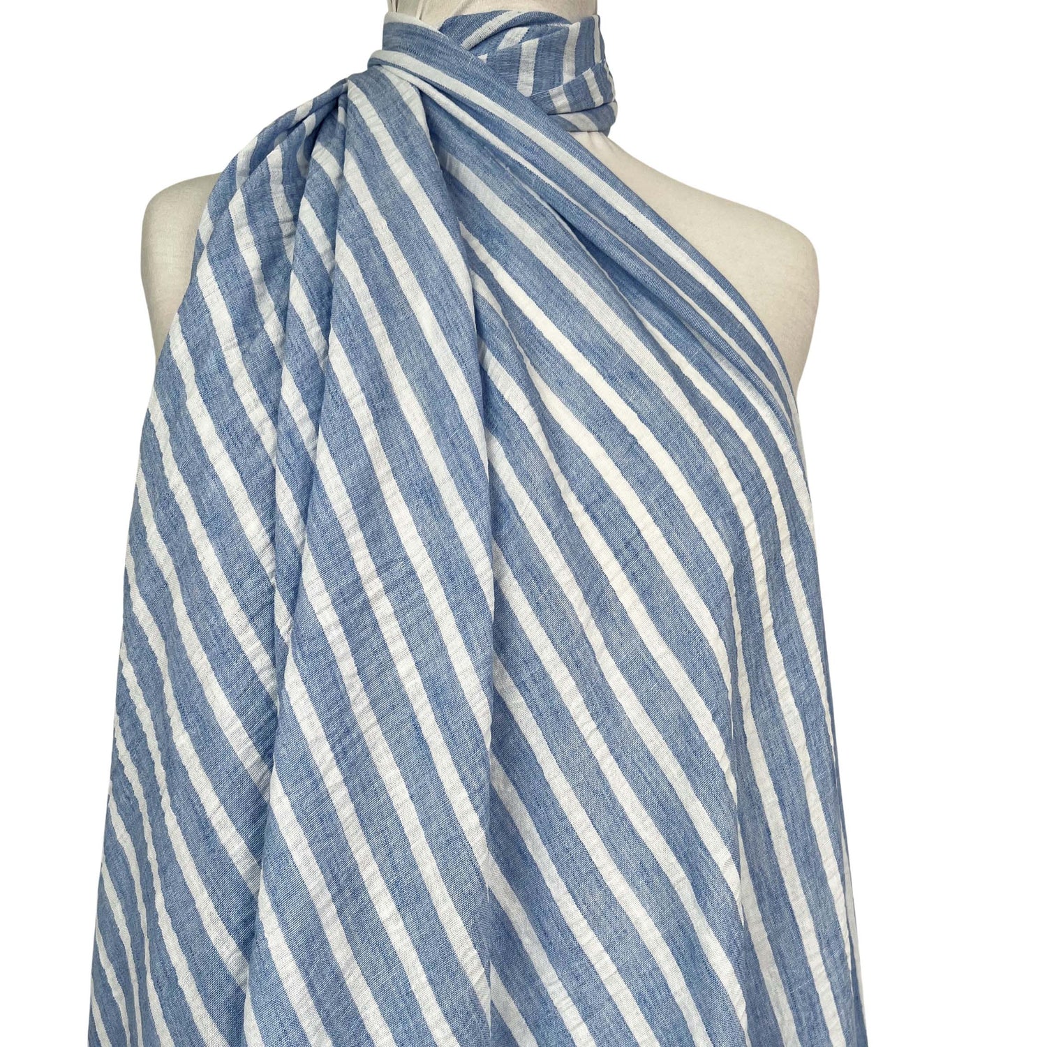 Linen Look Stripe Blue White Polyester Woven Shirting Fabric Mannequin