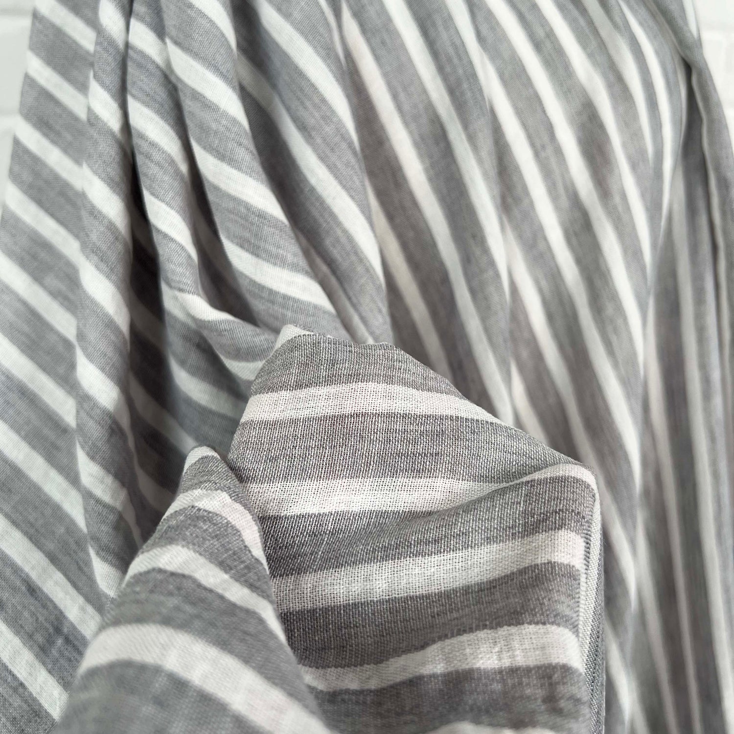 Linen Look Stripe Grey White Polyester Woven Shirting Fabric Close Up