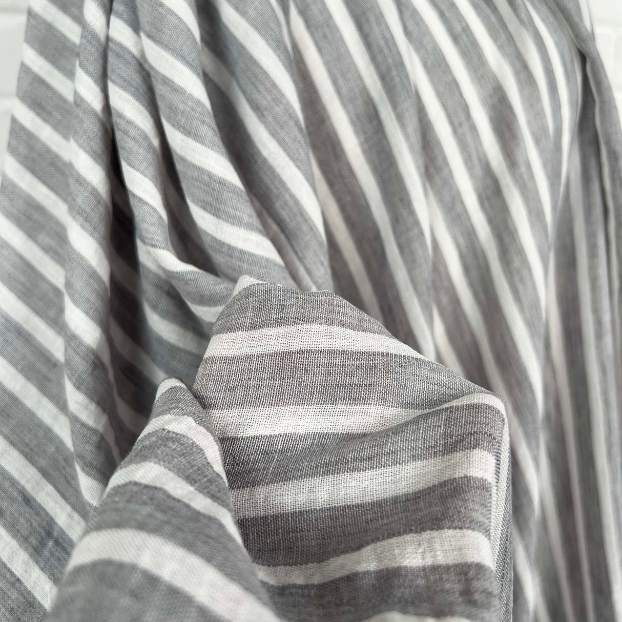 Linen Look Stripe Grey White Polyester Woven Shirting Fabric Close Up