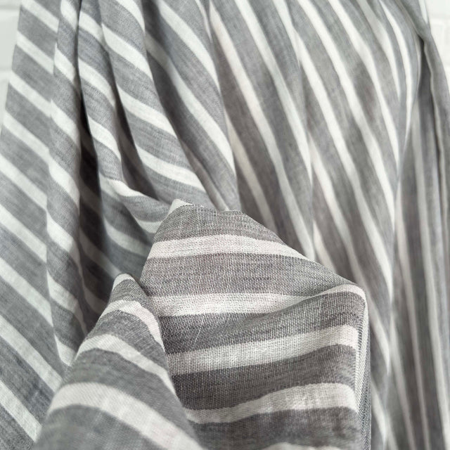 Linen Look Stripe Grey White Polyester Woven Shirting Fabric Close Up