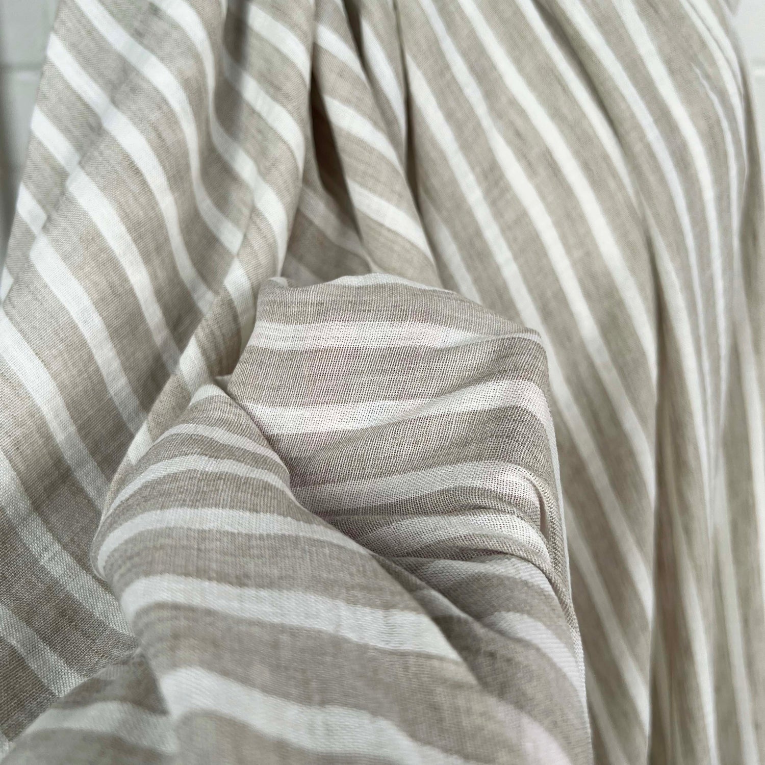 Linen Look Stripe Light Beige  White Polyester Woven Shirting Fabric CU