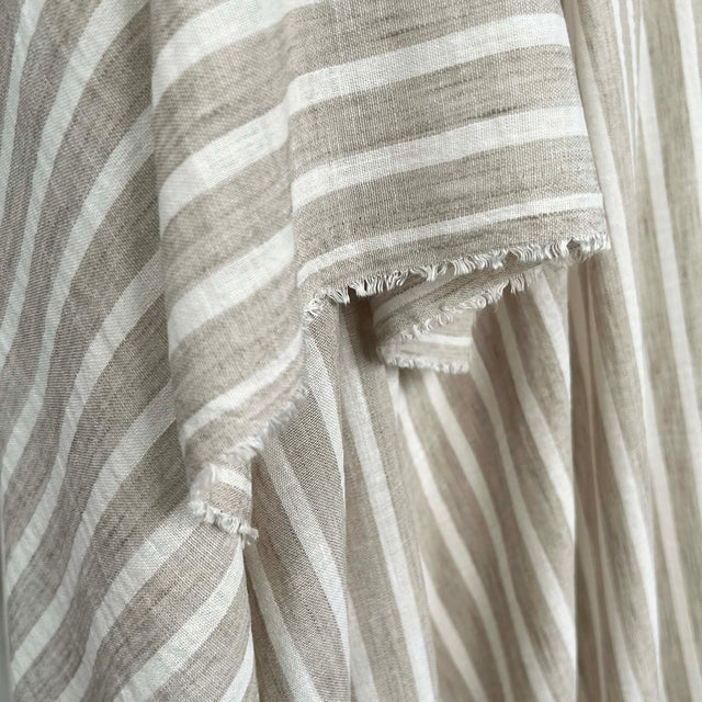 Linen Look Stripe Light Beige  White Polyester Woven Shirting Fabric Hang