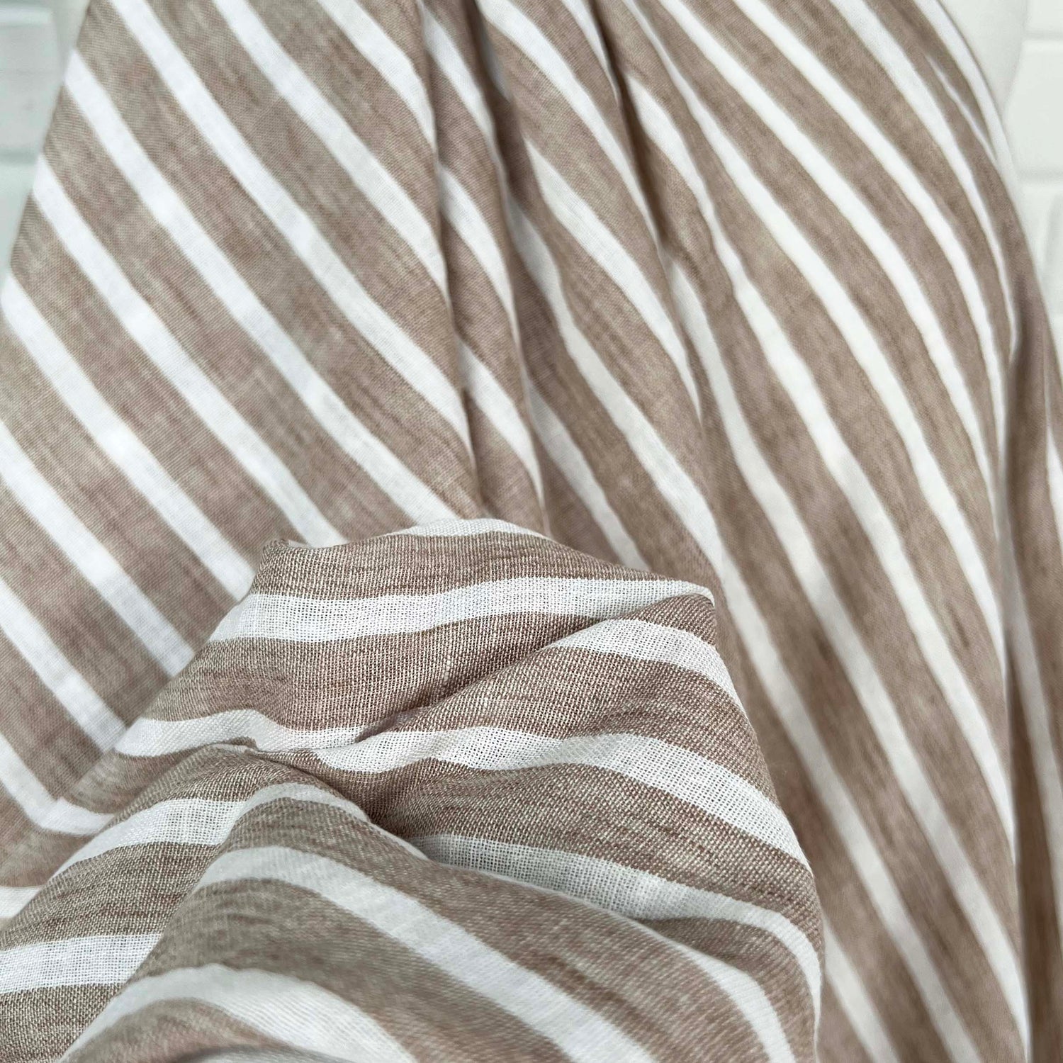 Linen Look Stripe Light Brown White Polyester Woven Shirting Fabric Close Up