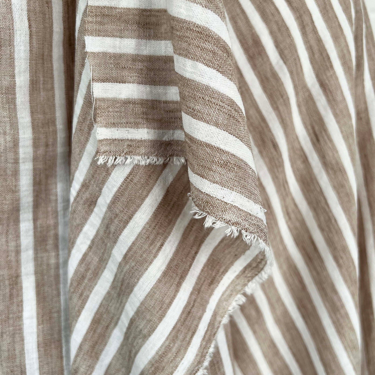 Linen Look Stripe Light Brown White Polyester Woven Shirting Fabric Fold