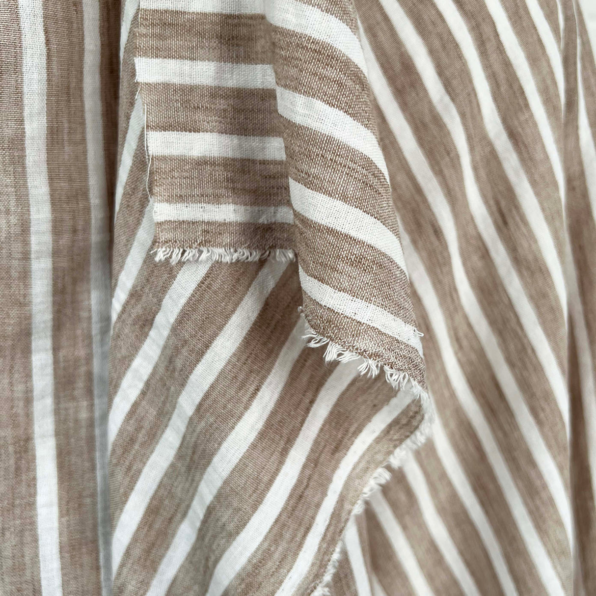 Linen Look Stripe Light Brown White Polyester Woven Shirting Fabric Fold