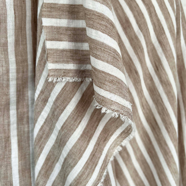 Linen Look Stripe Light Brown White Polyester Woven Shirting Fabric Fold