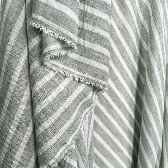 Linen Look Stripe Sage White Polyester Woven Shirting Fabric Hang