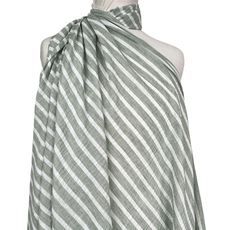 Linen Look Stripe Sage White Polyester Woven Shirting Fabric Mannequin