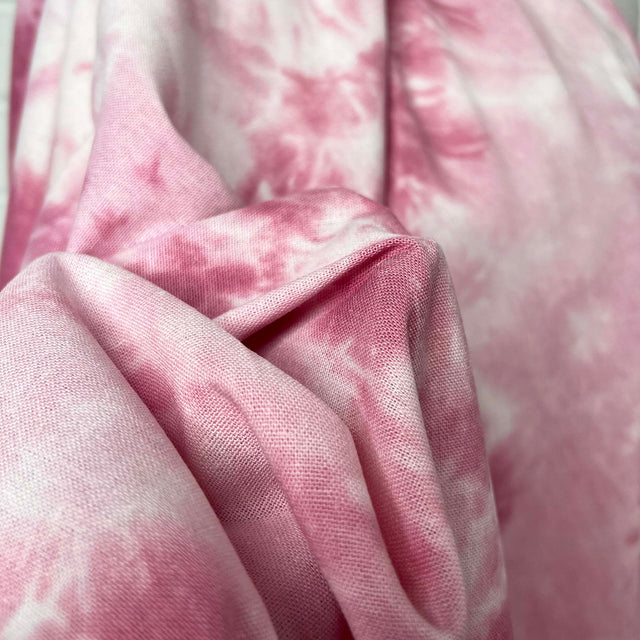 Linen Mix Batik Tie Dye Pink Viscose Washed White Woven Dress Fabric Close Up