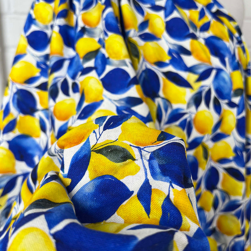 Lemon Print Rayon Linen Blend Dress Fabric Linen Mix Limoncello Close Up