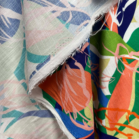 Multi Coloured Leaf Print Rayon Spandex Fabric Linen Tropics Eden Hang