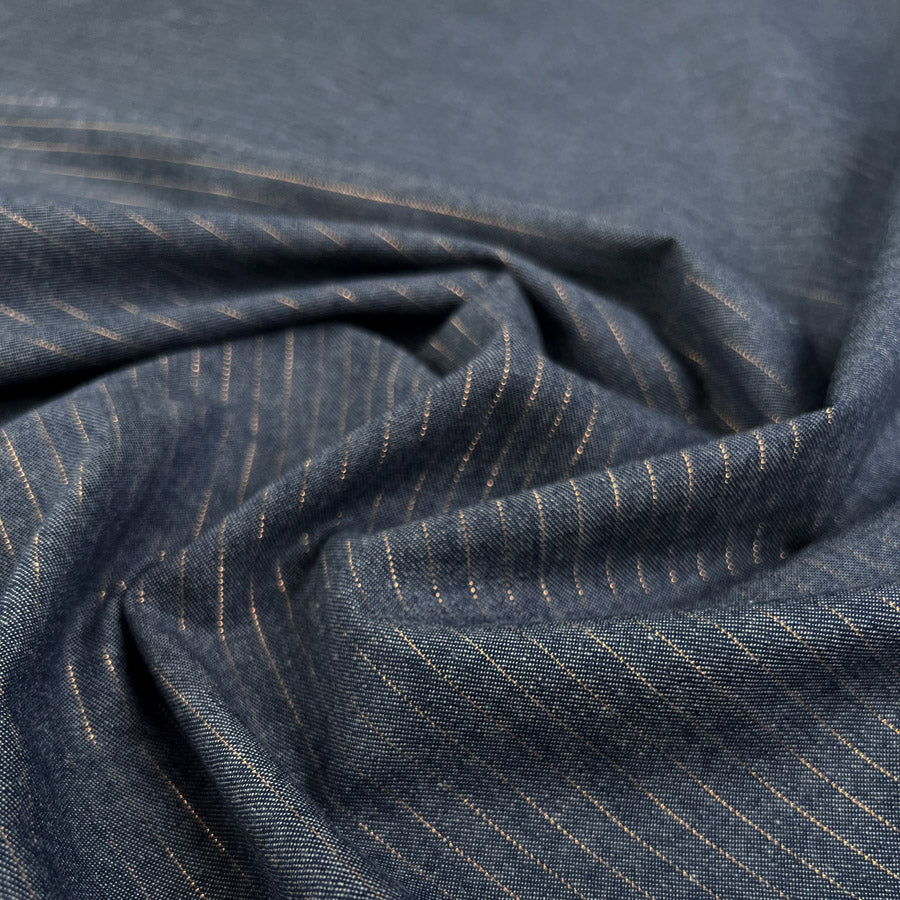 Lurex Stripe Denim Chambray Cotton Blue Shirting Fabric CU