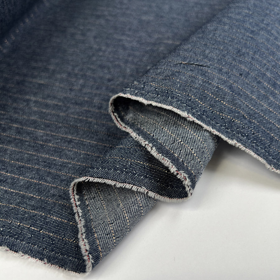 Lurex Stripe Denim Chambray Cotton Blue Shirting Fabric Fold