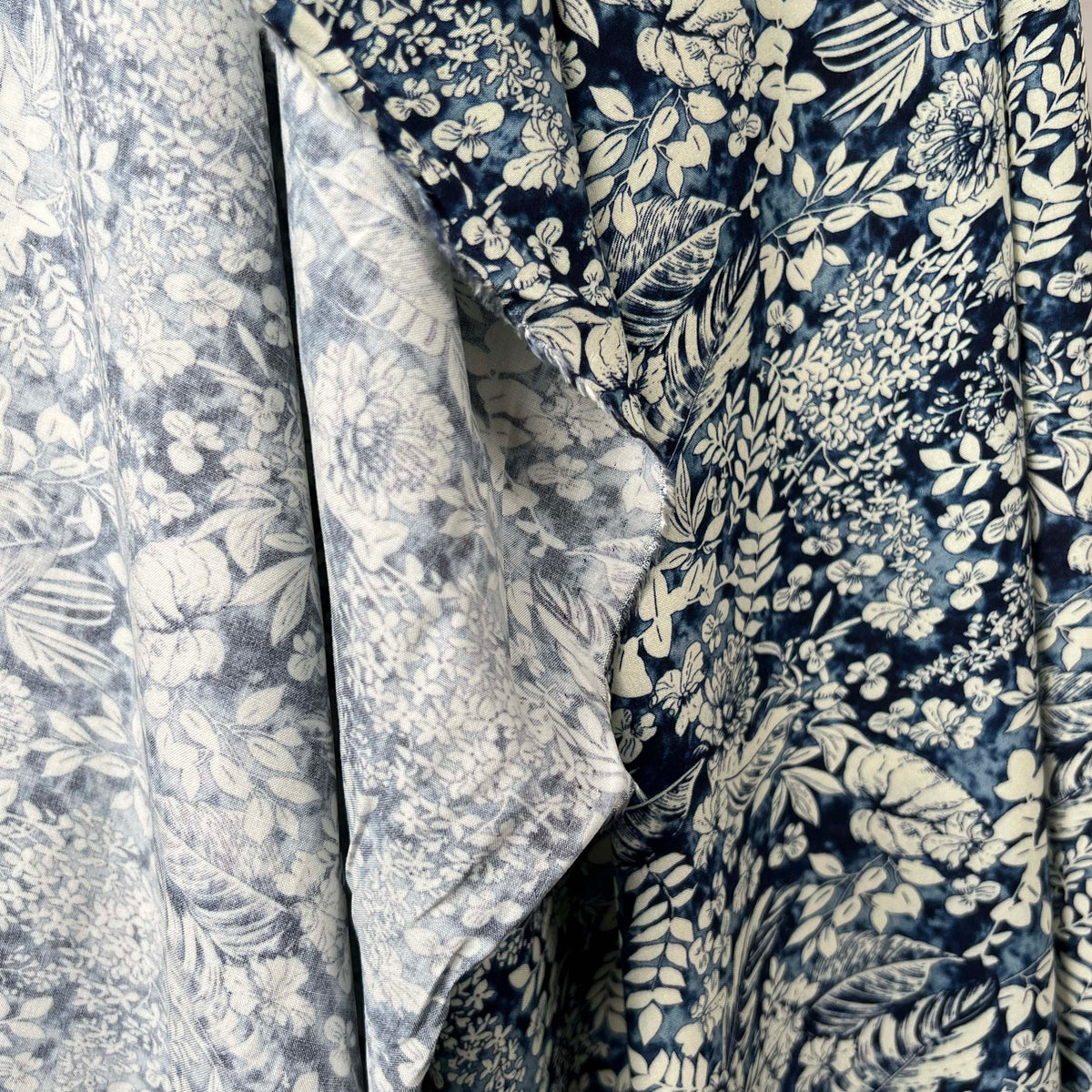 Lyocell Fleur Navy Blue Floral Lightweight Dress Fabric Hang
