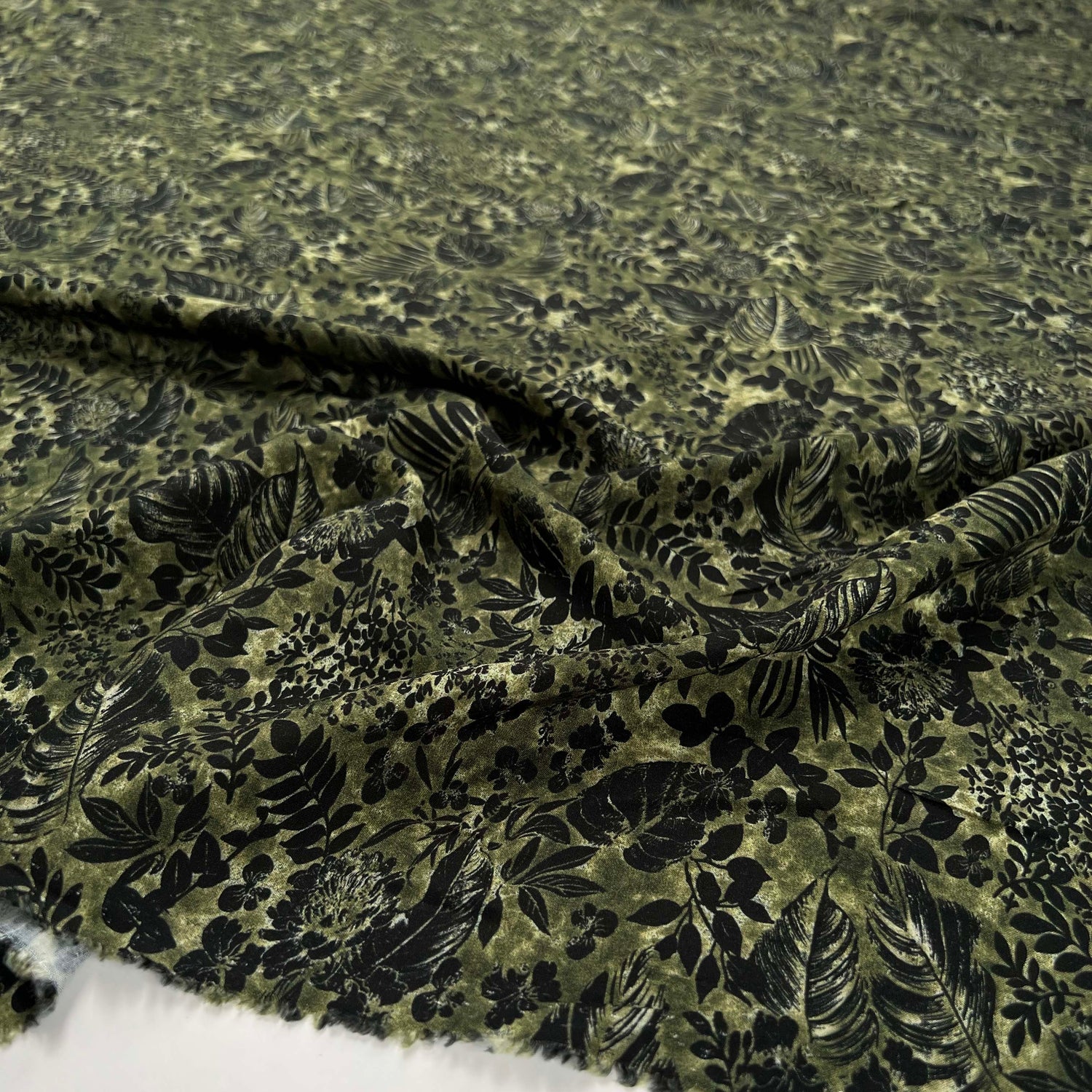  Lyocell Linnea Soft Printed Khaki Black Floral Dressmaking Fabric CU