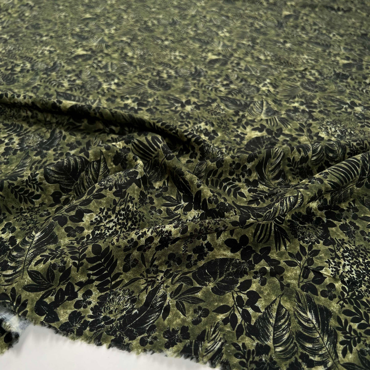  Lyocell Linnea Soft Printed Khaki Black Floral Dressmaking Fabric CU