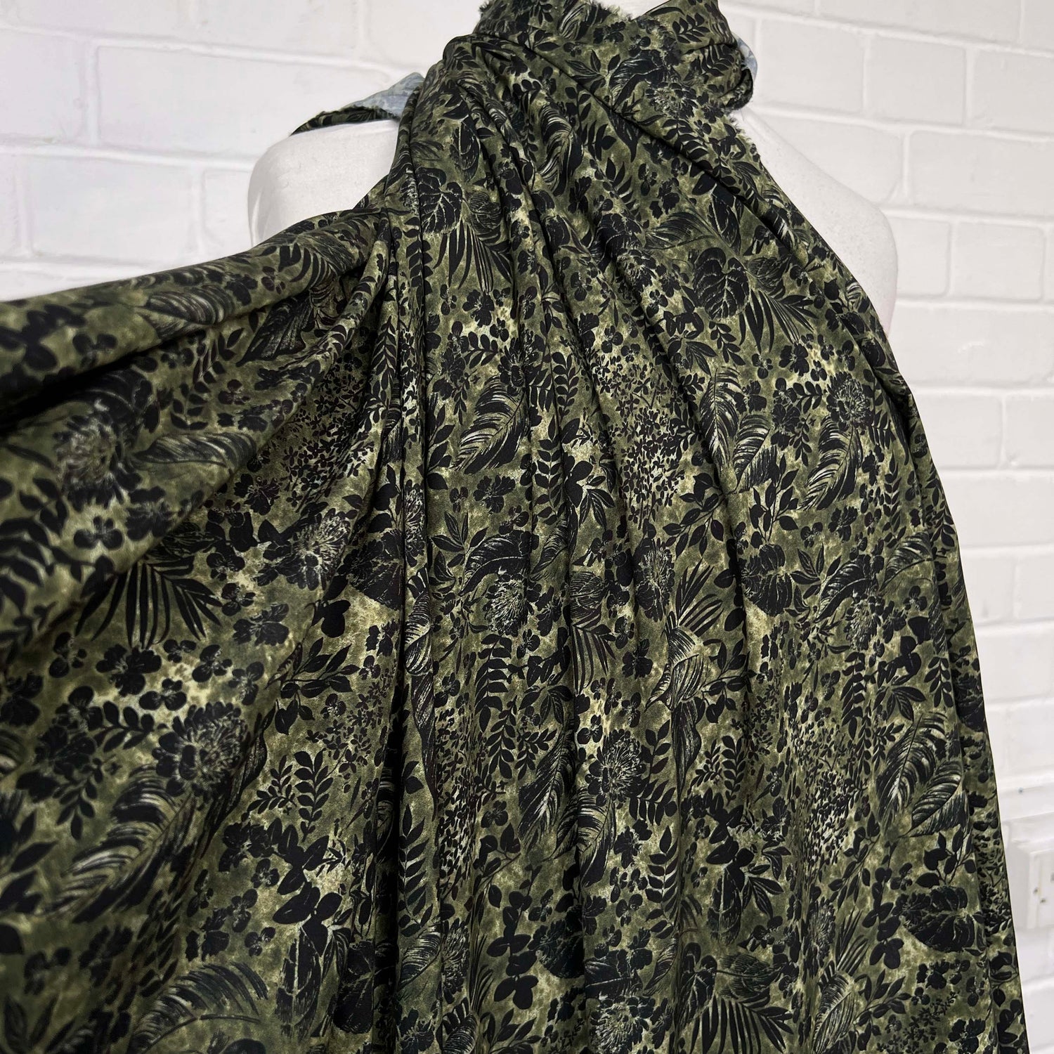  Lyocell Linnea Soft Printed Khaki Black Floral Dressmaking Fabric Mannequin