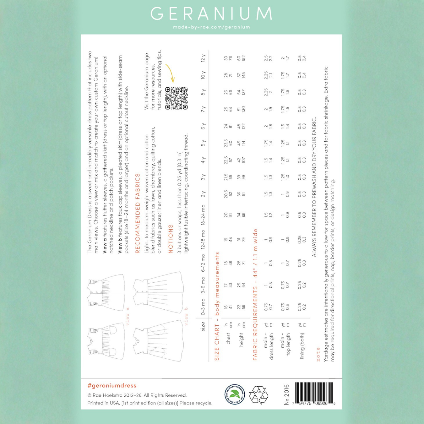 Made By Rae Geranium Girls Dress Pattern 0-12yrs 12
