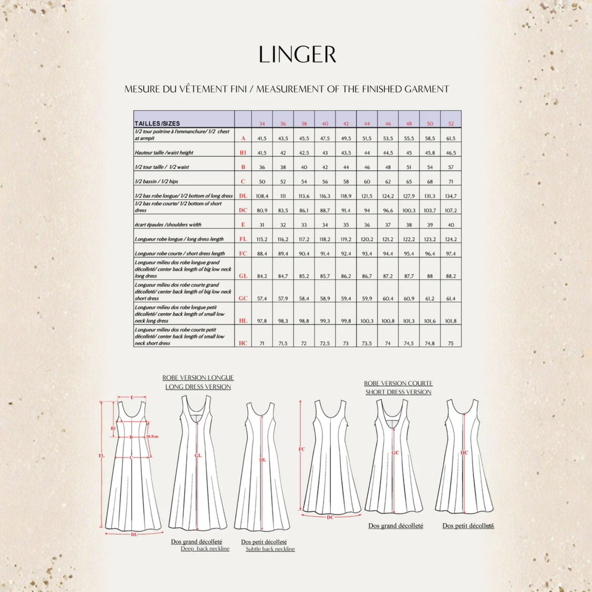 Maison Fauve Linger Dress Sewing Pattern Size Chart