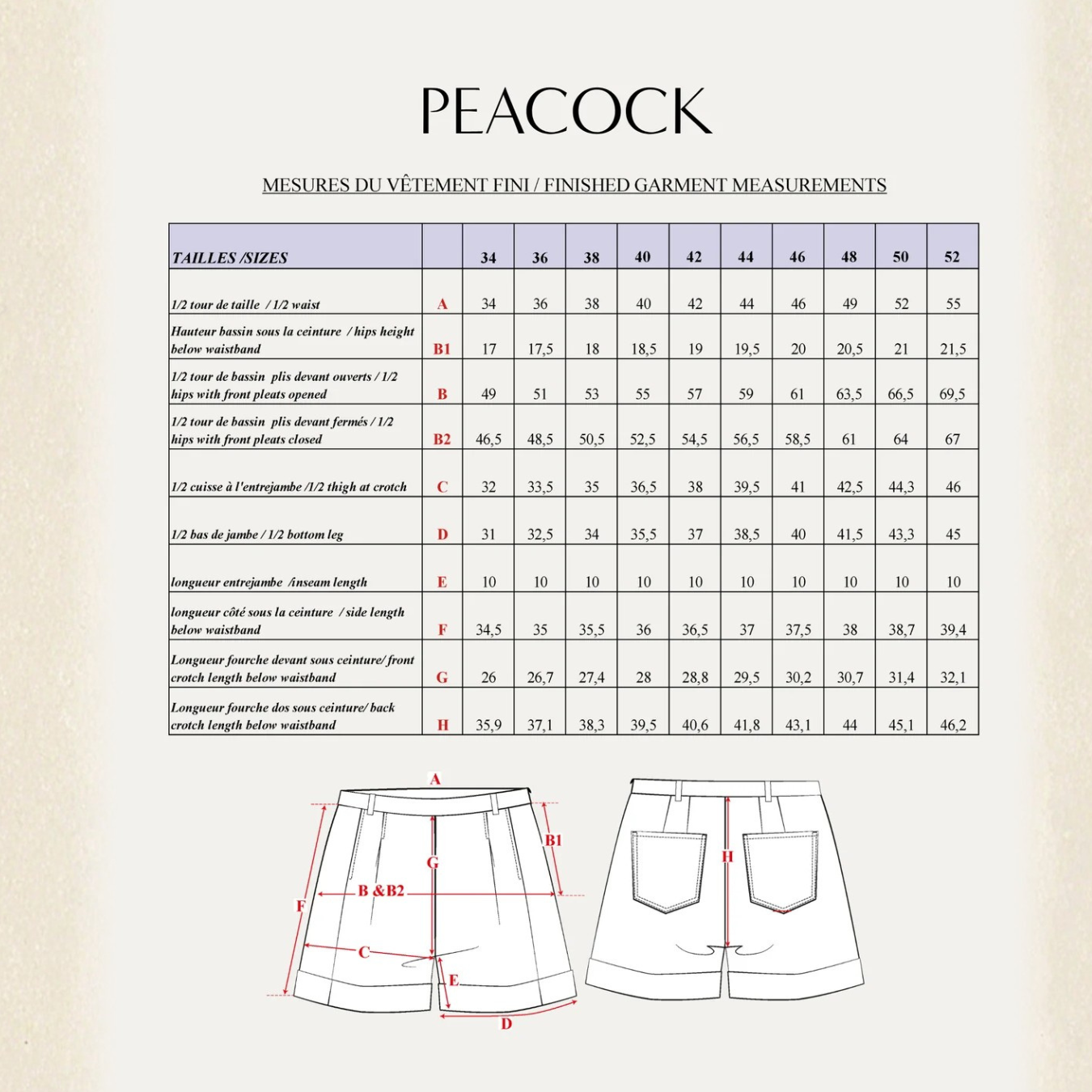 Maison Fauve Peacock Shorts Sewing Pattern Size Chart