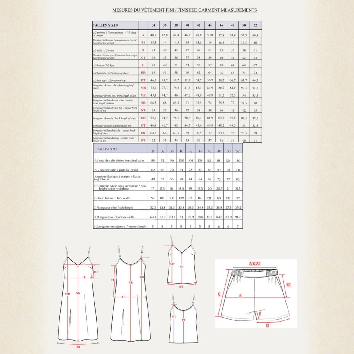 Maison Fauve Blush Songe Pyjamas Sewing Pattern Size Chart