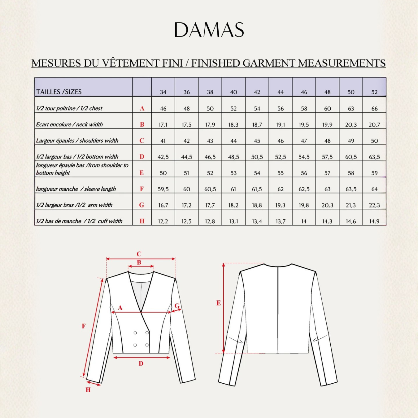 Maison Fauve Damas Jacket Sewing Pattern Size Chart