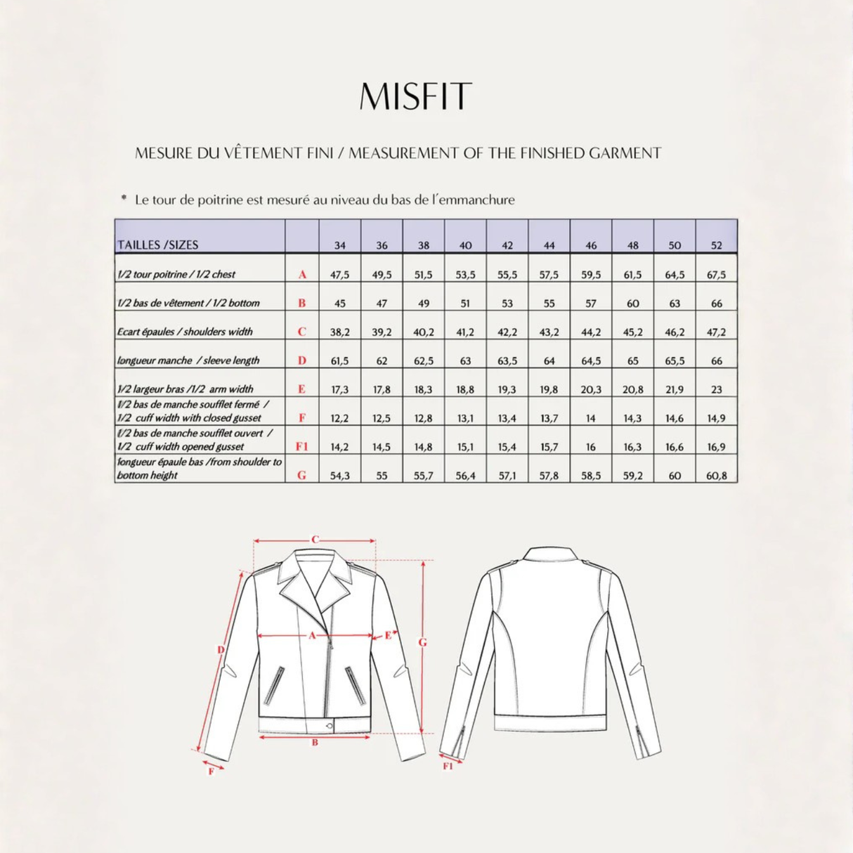 Maison Fauve Misfit Perfecto Sewing Pattern Size Chart