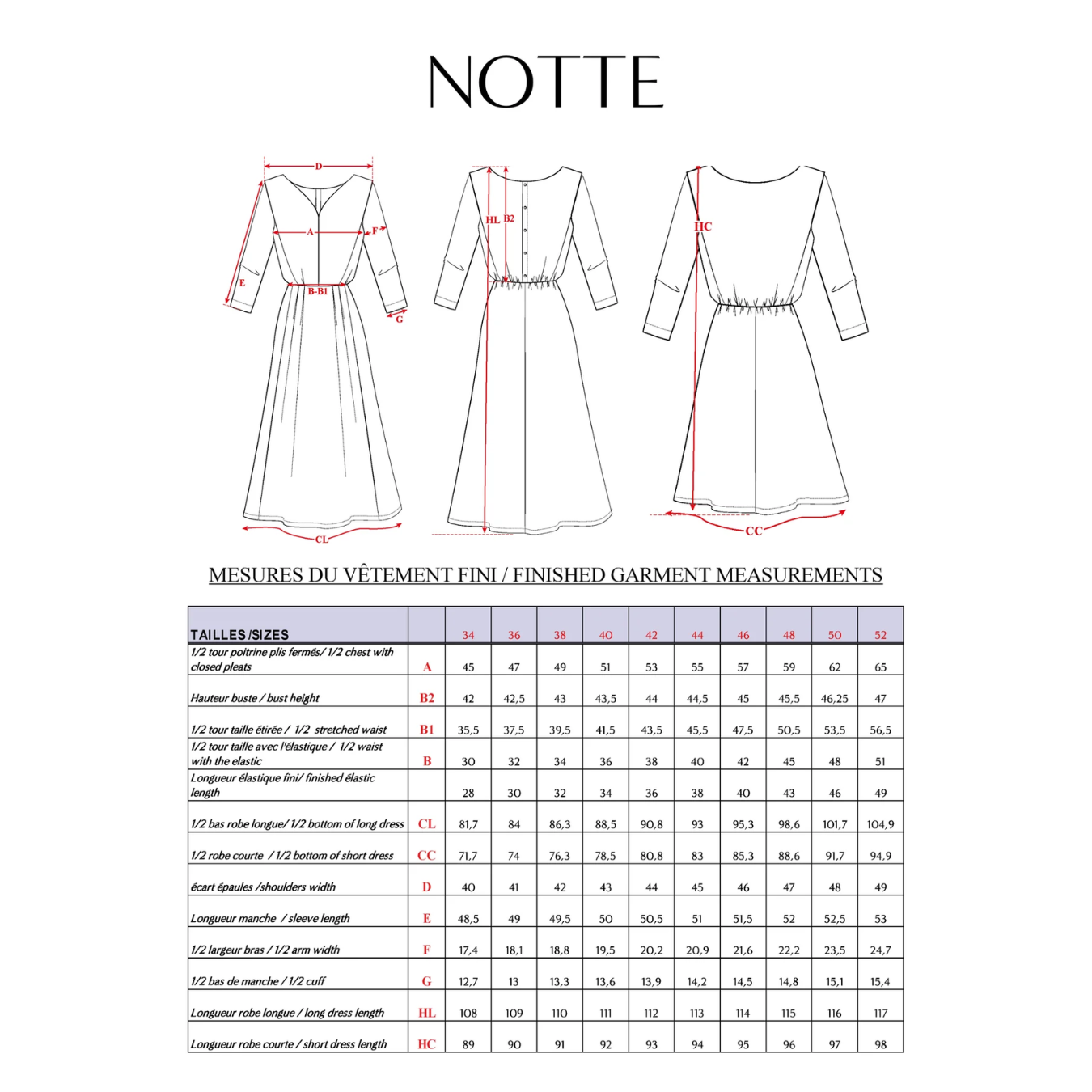 Maison Fauve Notte Dress Blouse Sewing Pattern Size Chart