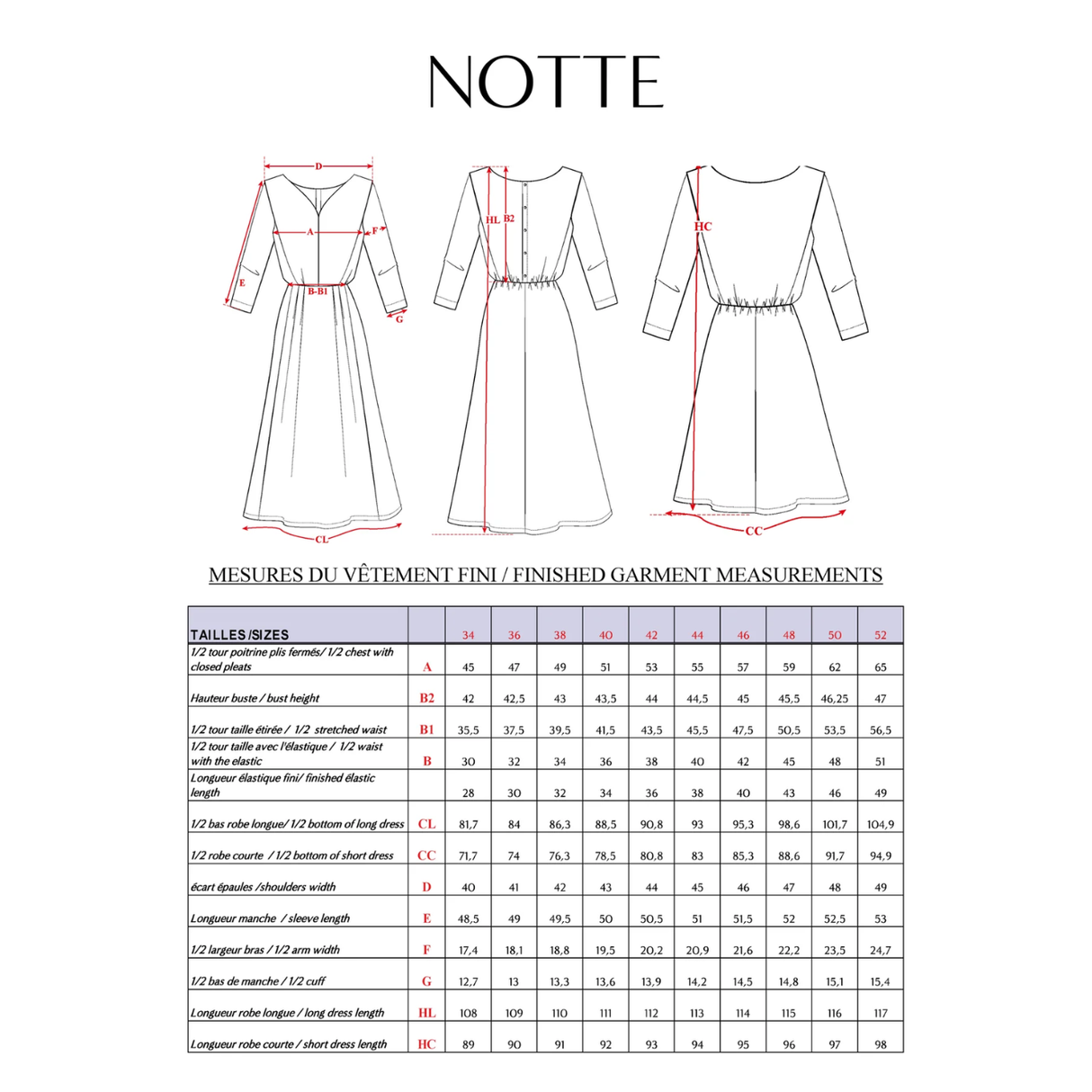 Maison Fauve Notte Dress Blouse Sewing Pattern Size Chart