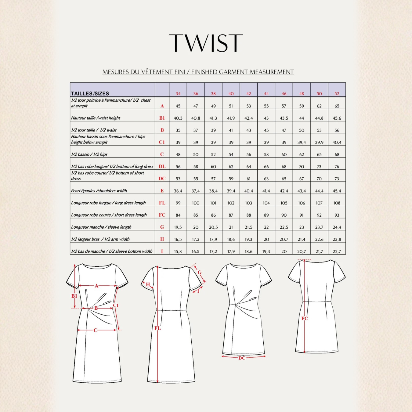 Maison Fauve Twist Dress Sewing Pattern Size Chart