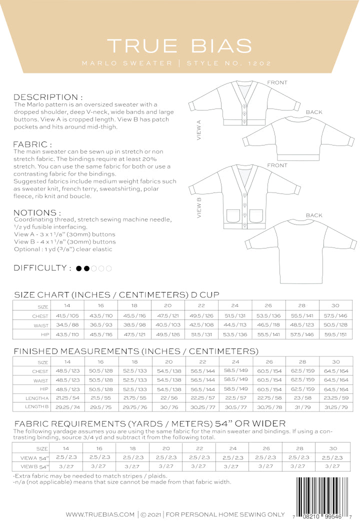 True Bias - Marlo Sweater Sewing Pattern  (Sizes 14-30)